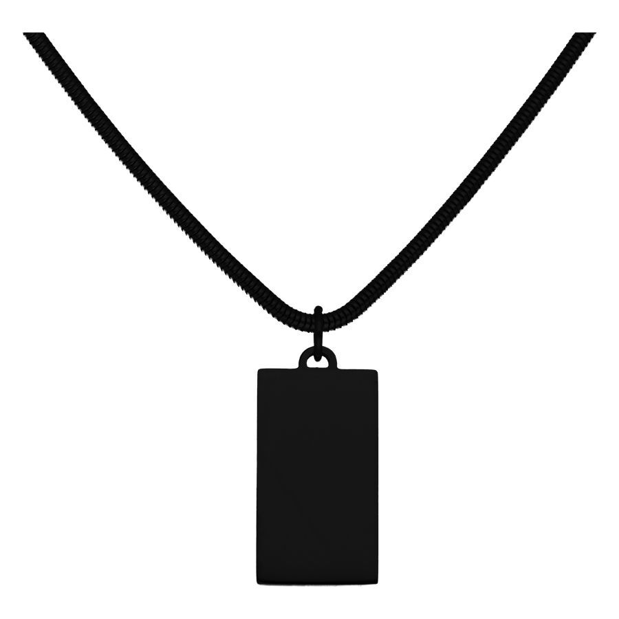 Musta kaiverrettava ketju ruostumattomasta teräksestä Musta kirurginteräsketju suorakaiteen muotoisella riipuksella valkoisella taustalla