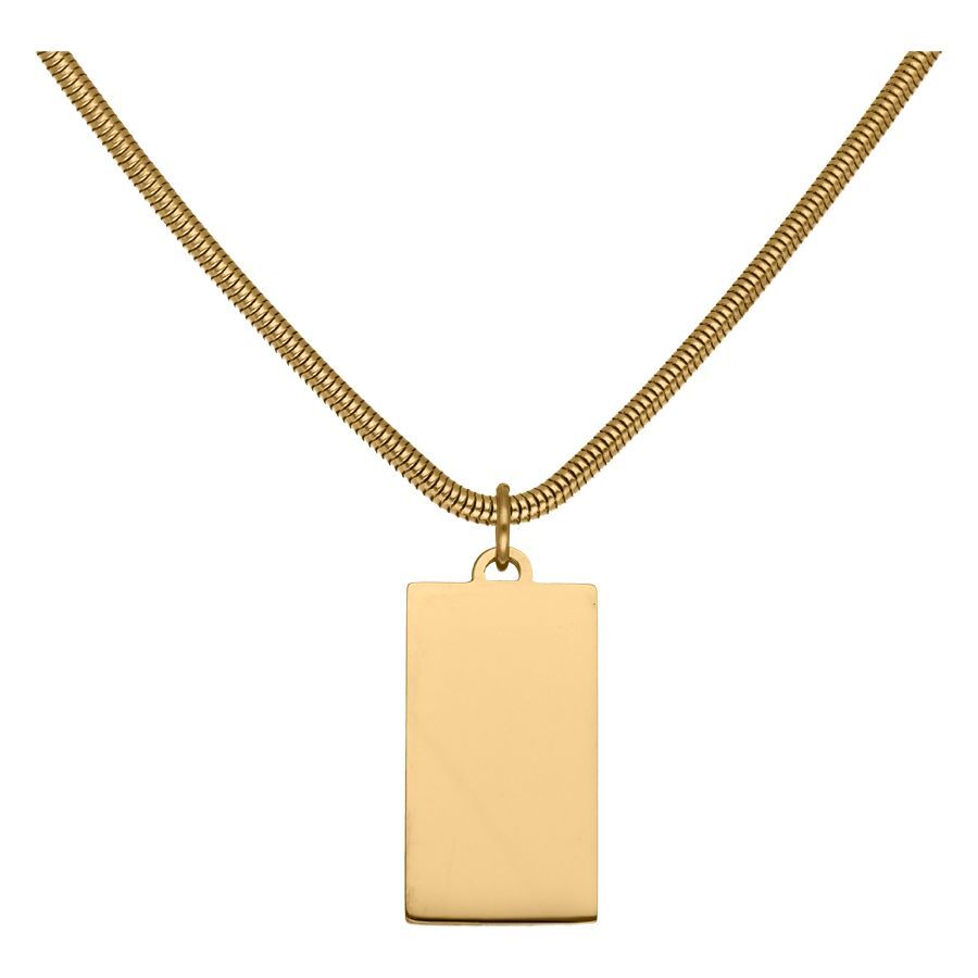 Kaiverrettava perusketju kultaisena Kultainen ketju suorakulmaisella riipuksella valkoisella taustalla