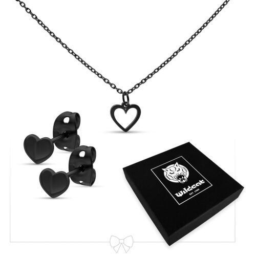 Heart Necklace with Earstuds Set - Musta metalli