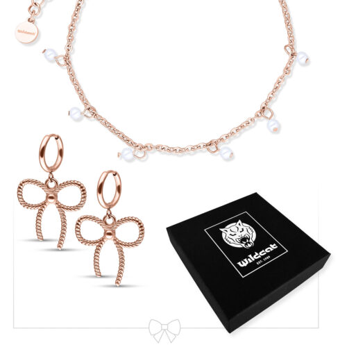 Little Pearl Bracelet with Twisted Bow Hoops Set - Ruusukultainen metalli