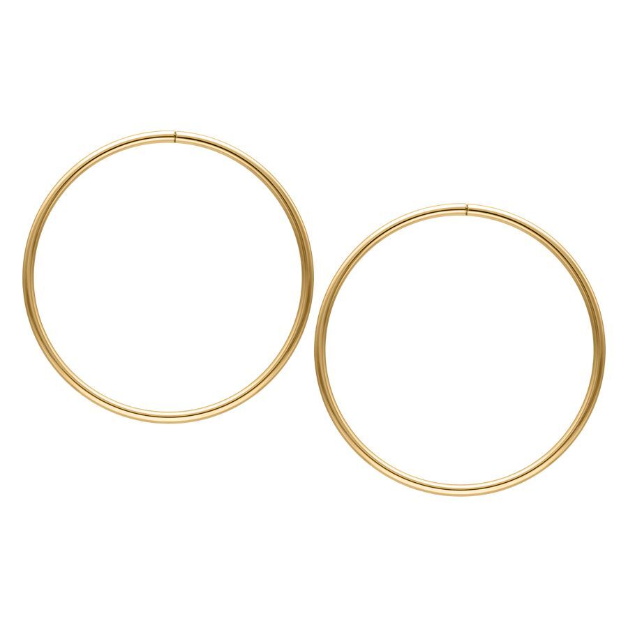 Kaksi suurta kultaista rengasta kirurginteräksestä valkoisella taustalla