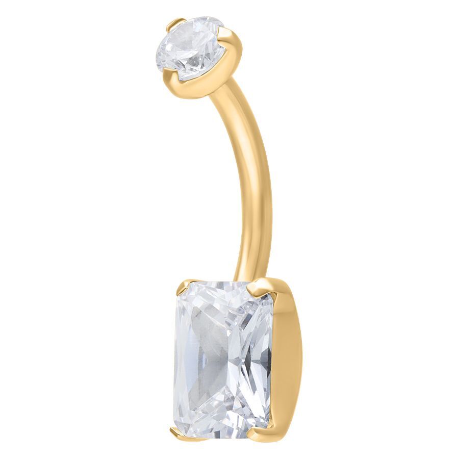 Kultainen Bananabell titaanista, jossa kirkas neliönmuotoinen kristalli valkoisella taustalla