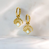 Goldene Opal-Fan-Creolen aus Chirurgenstahl Zwei goldene Creolen mit opalartigem Lüfterdesign auf hellem Hintergrund