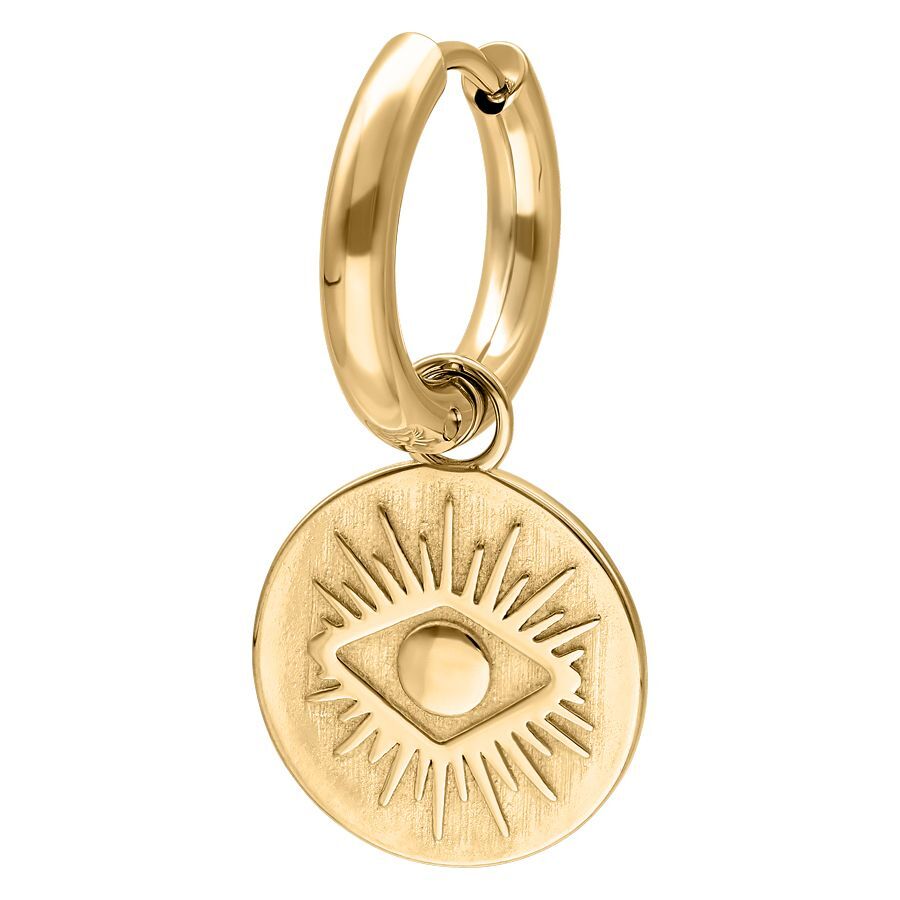 Kultaiset korvakorut pyöreällä riipuksella ja silmäkuviolla valkoisella taustalla