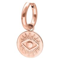 Rosékultaiset korvakorut, joissa on kaiverrettu silmä valkoisella taustalla