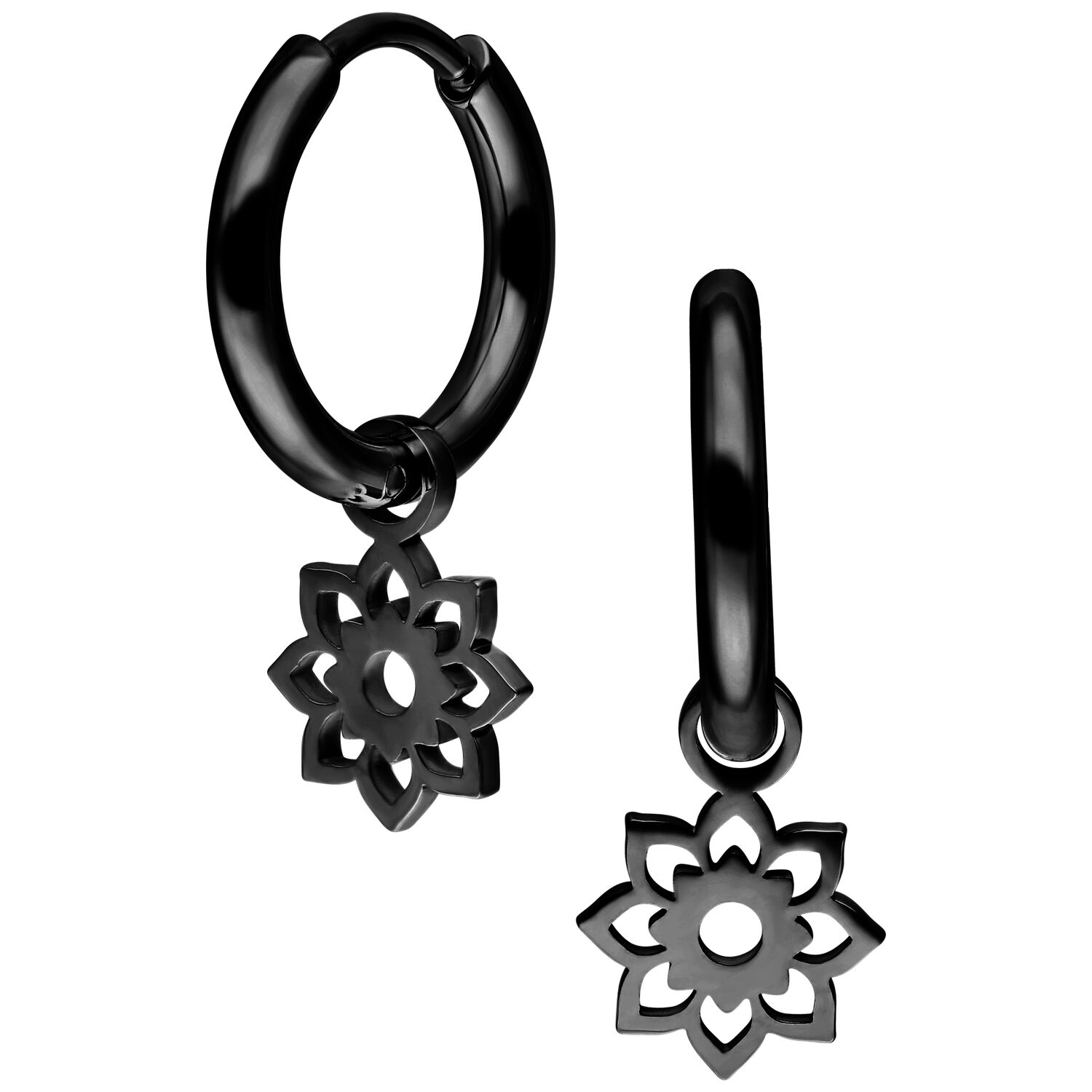 Schwarze Mini Flower Hoops Ohrringe Schwarze Mini Flower Hoops Ohrringe auf weißem Hintergrund