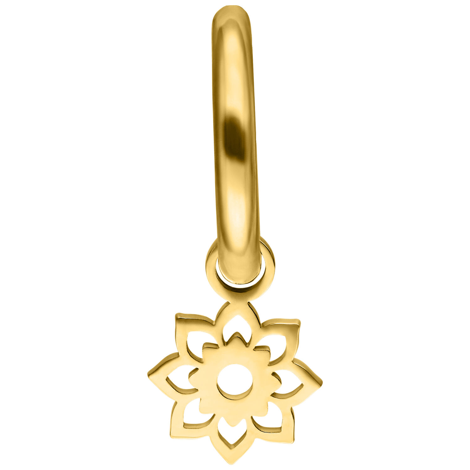 Goldene Mini Flower Hoops Ohrringe Goldene Mini Flower Hoops Ohrringe auf weißem Hintergrund