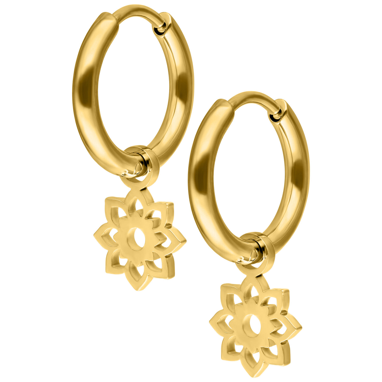 Goldene Mini Flower Hoops Ohrringe Paar Goldene Ohrringe mit blumenförmigem Anhänger auf weißem Hintergrund