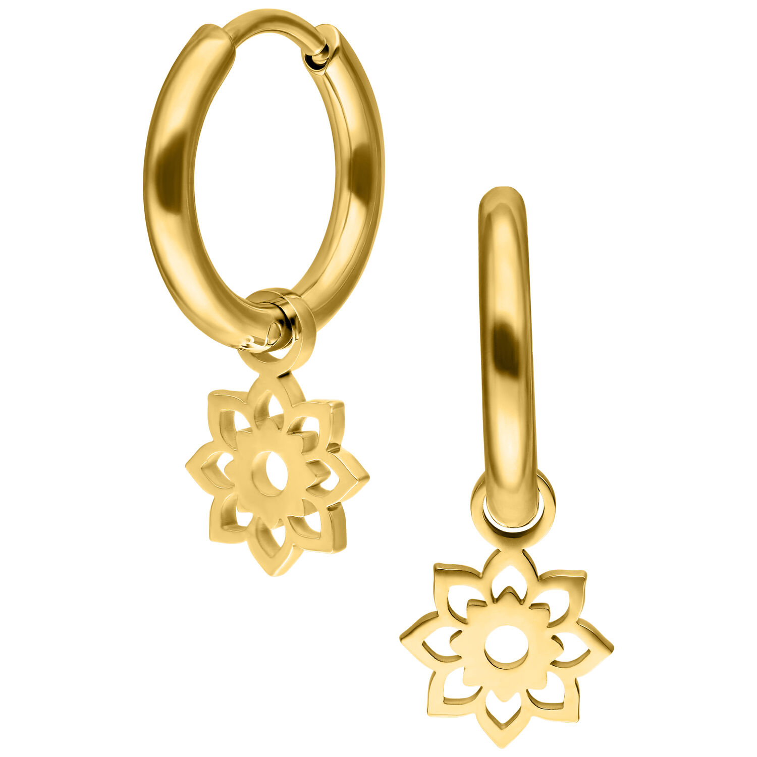 Goldene Mini Flower Hoops Ohrringe Zwei goldene Creolen mit Blumenanhänger auf weißem Hintergrund