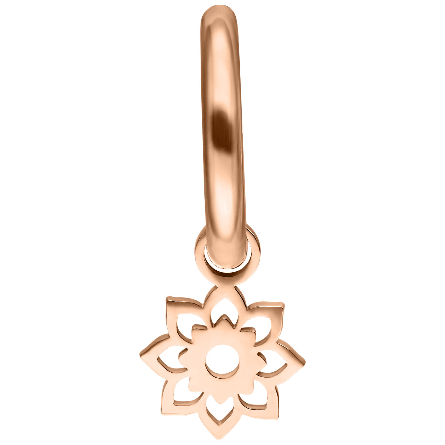 Roségoldene Mini Flower Hoop Ohrringe auf weißem Hintergrund