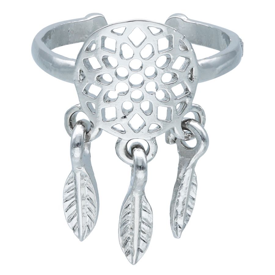 Silberner Messingring mit Dreamcatcher und drei hängenden Federn auf weißem Hintergrund