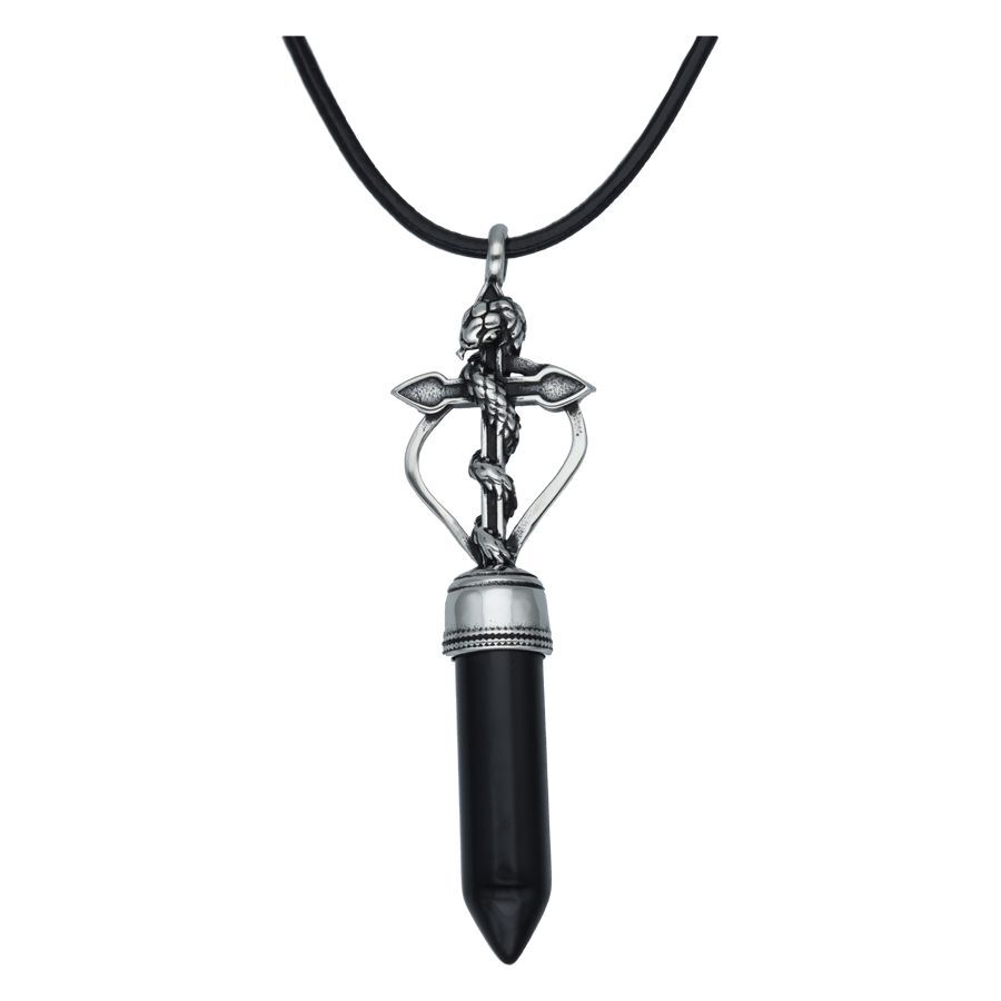 Hopeinen kaulakoru mustalla kristalliriipuksella, nahkanauha, valkoinen tausta
