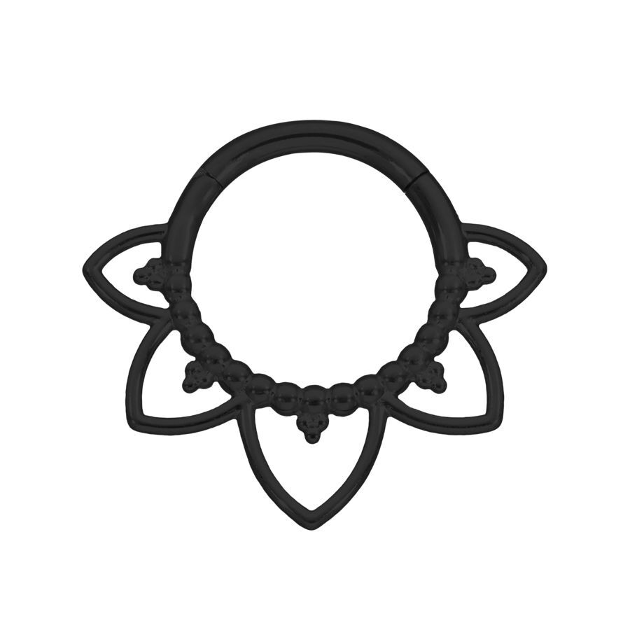 Musta Flower Lines Clicker -lävistysrengas Musta lävistysrengas kirurginteräksestä kukkakuviolla valkoisella taustalla