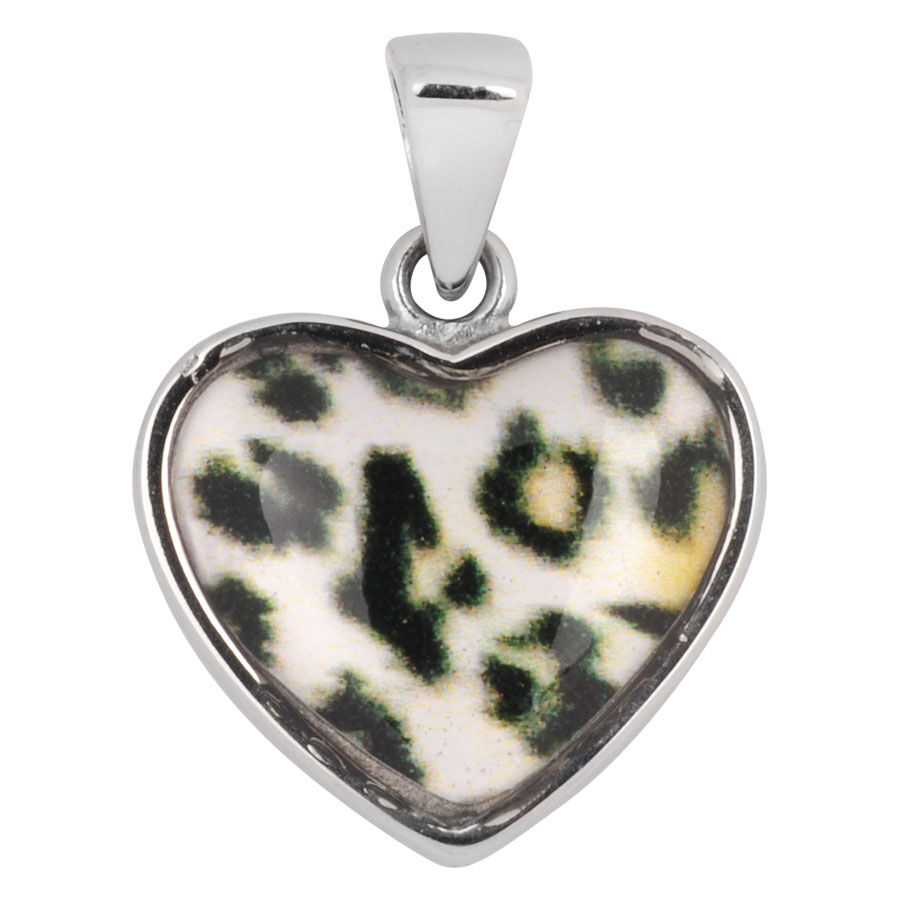 Sydämenmuotoinen riipus lumileopardikuviolla, hopeareunus
