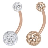 Bauchnabel Bananabell mit Kristallen in Apricot und Klar Zwei Bananabells aus Chirurgenstahl mit Kristallverzierung in Apricot und Kristallklar auf weißem Hintergrund