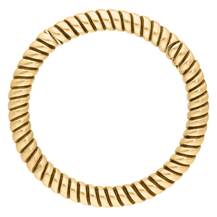 Pyöreä kultainen korvakoru kiertyneestä kirurginteräksestä valkoisella taustalla