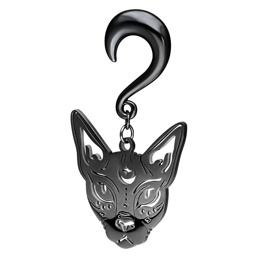 Musta korvapaino Sphynx-pään muodossa, koukku kirurginteräksestä