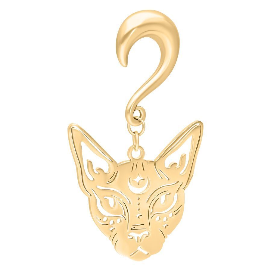 Kultainen korvapaino Sphynx-muodossa, kirurginteräksestä 316L, valkoisella taustalla