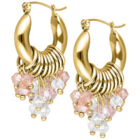 Goldene Glamour Hoops Ohrringe mit rosa und klaren Kristallen auf weißem Hintergrund