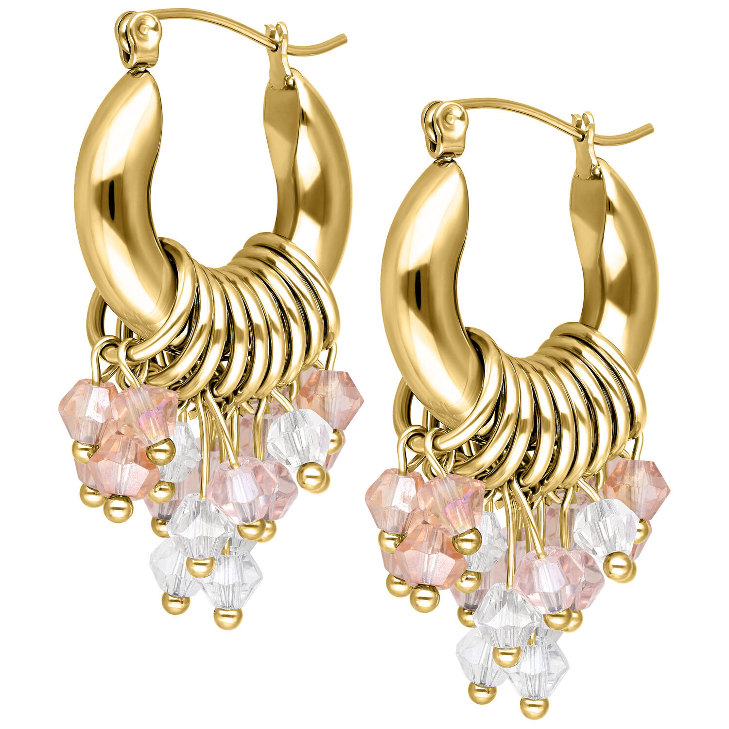 Goldene Glamour Hoops Ohrringe mit rosa und klaren Kristallen auf weißem Hintergrund