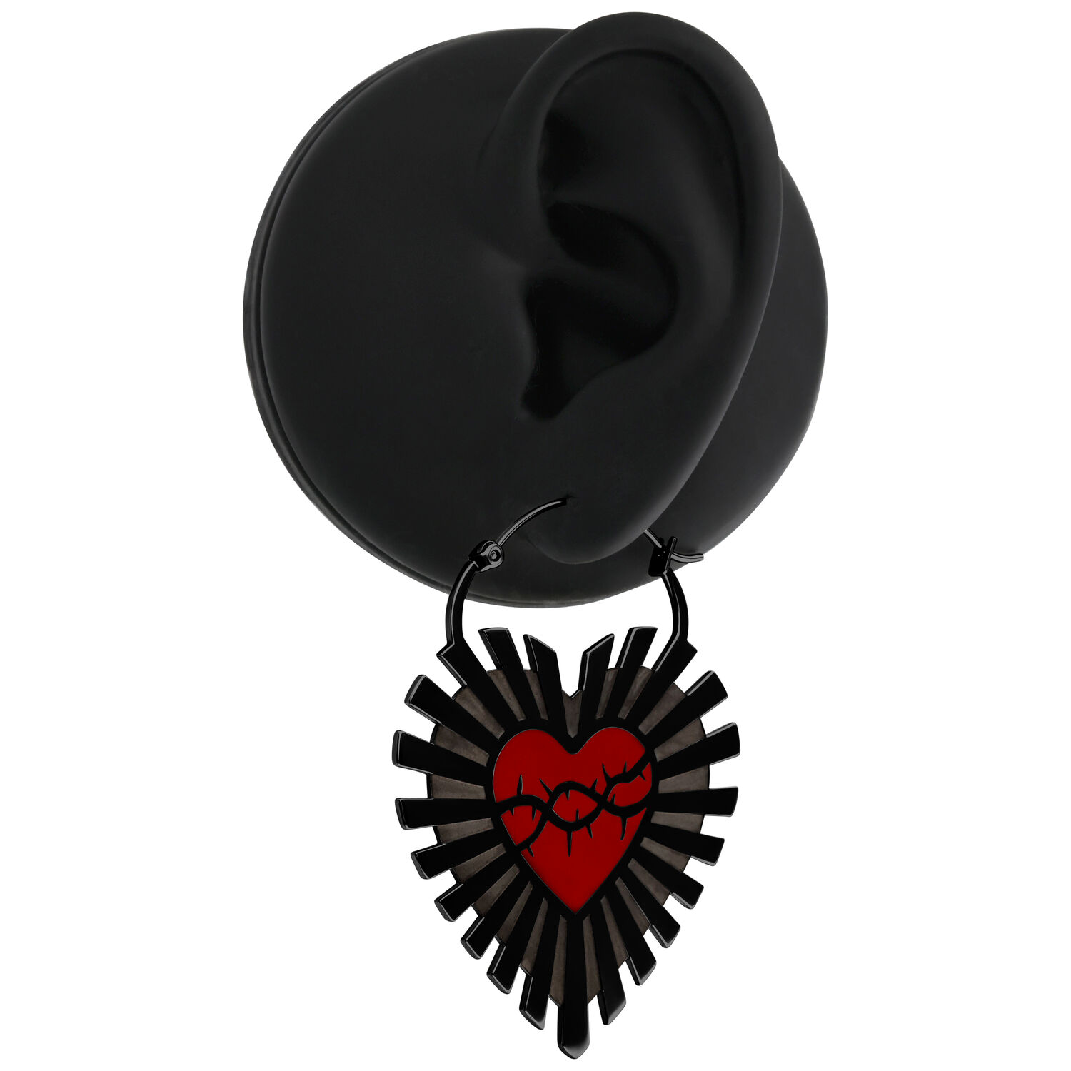 Schwarze Sacred Heart Ohrringe aus Chirurgenstahl Schwarzer Sacred Heart Ohrring aus Chirurgenstahl 316L an schwarzem Ohrmodell