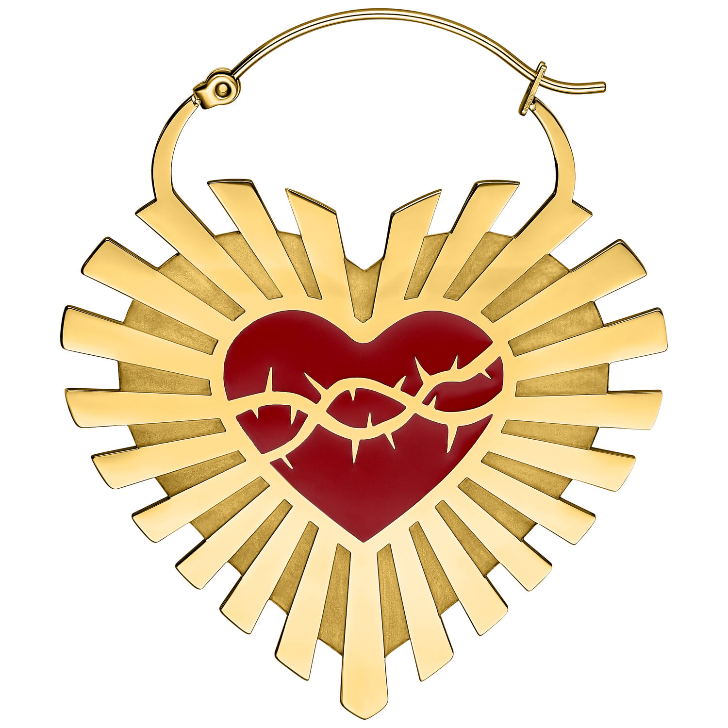 Goldene Sacred Heart Ohrringe mit Dornen Goldene Ohrringe in Herzform mit roten Dornen auf weißem Hintergrund
