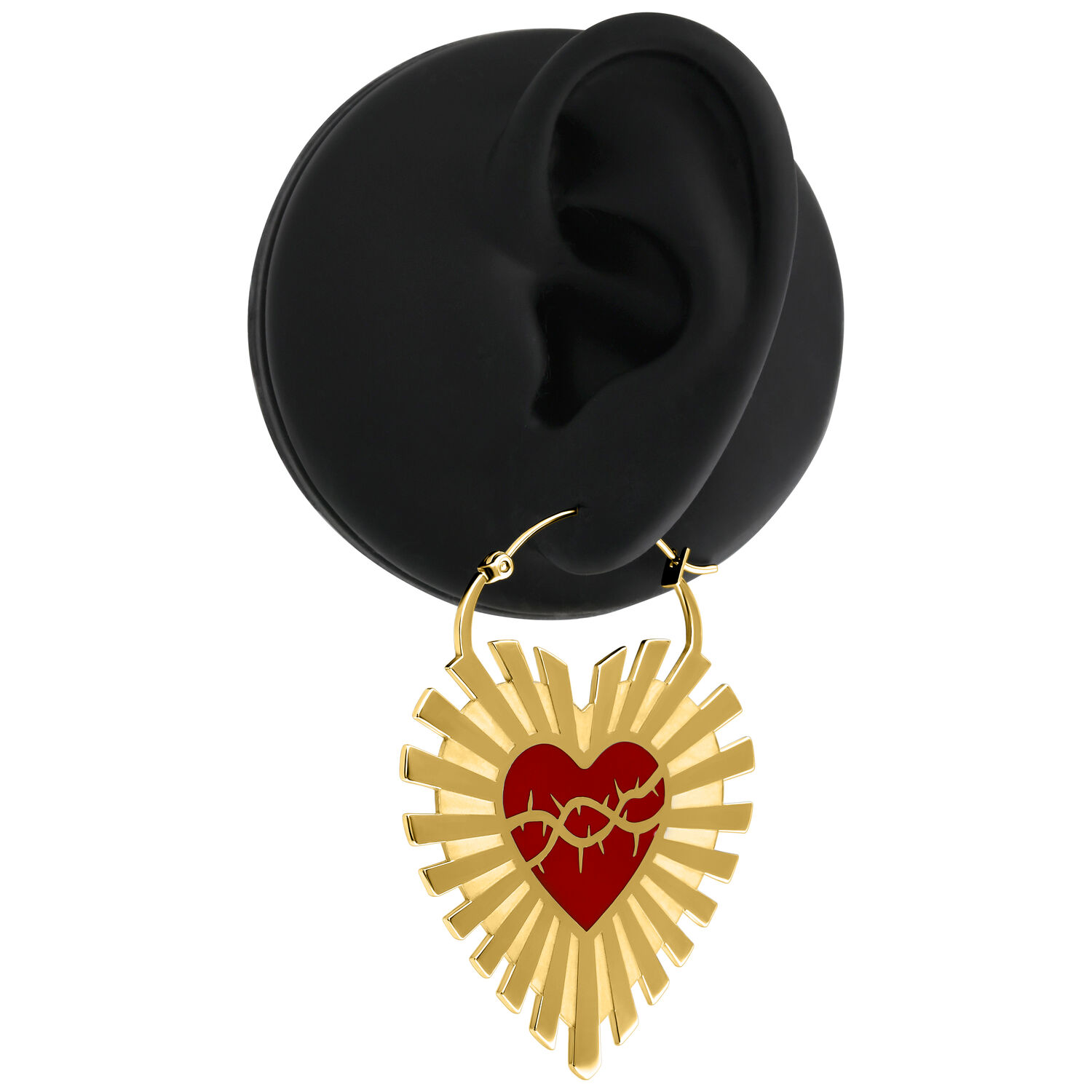 Barbed Wire Sacred Heart Hoops Gold Ohrringe Goldene Ohrringe in Herzform mit Stacheldraht-Design auf schwarzem Hintergrund