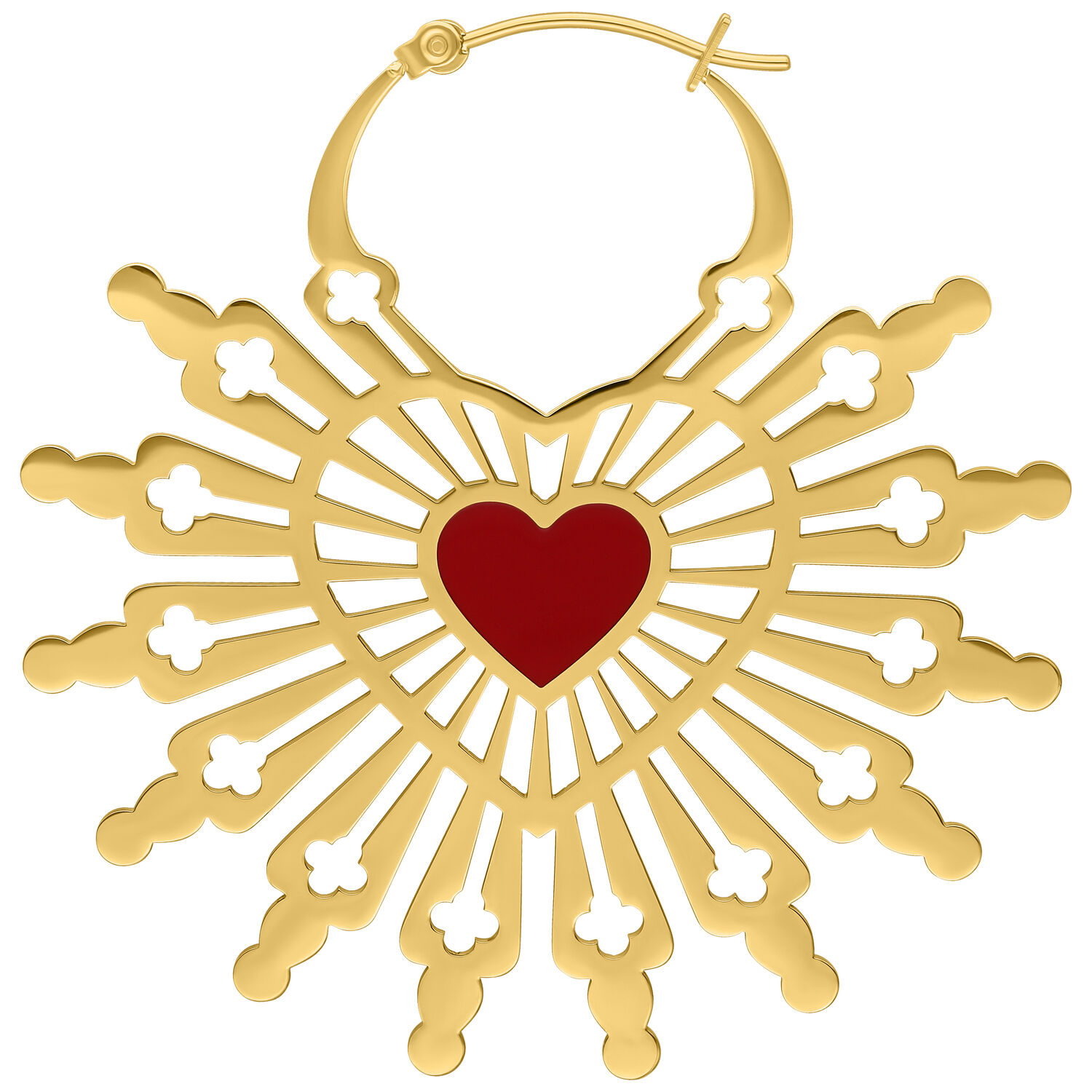 Goldene Ohrringe mit Herzdesign Goldene Ohrringe in Herzform mit rotem Herz in der Mitte auf weißem Hintergrund