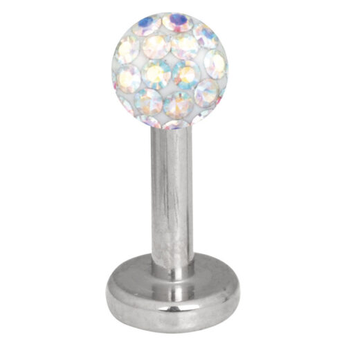 Hopeinen labret, jossa 4mm Aurora Boreale kristallipallo valkoisella taustalla