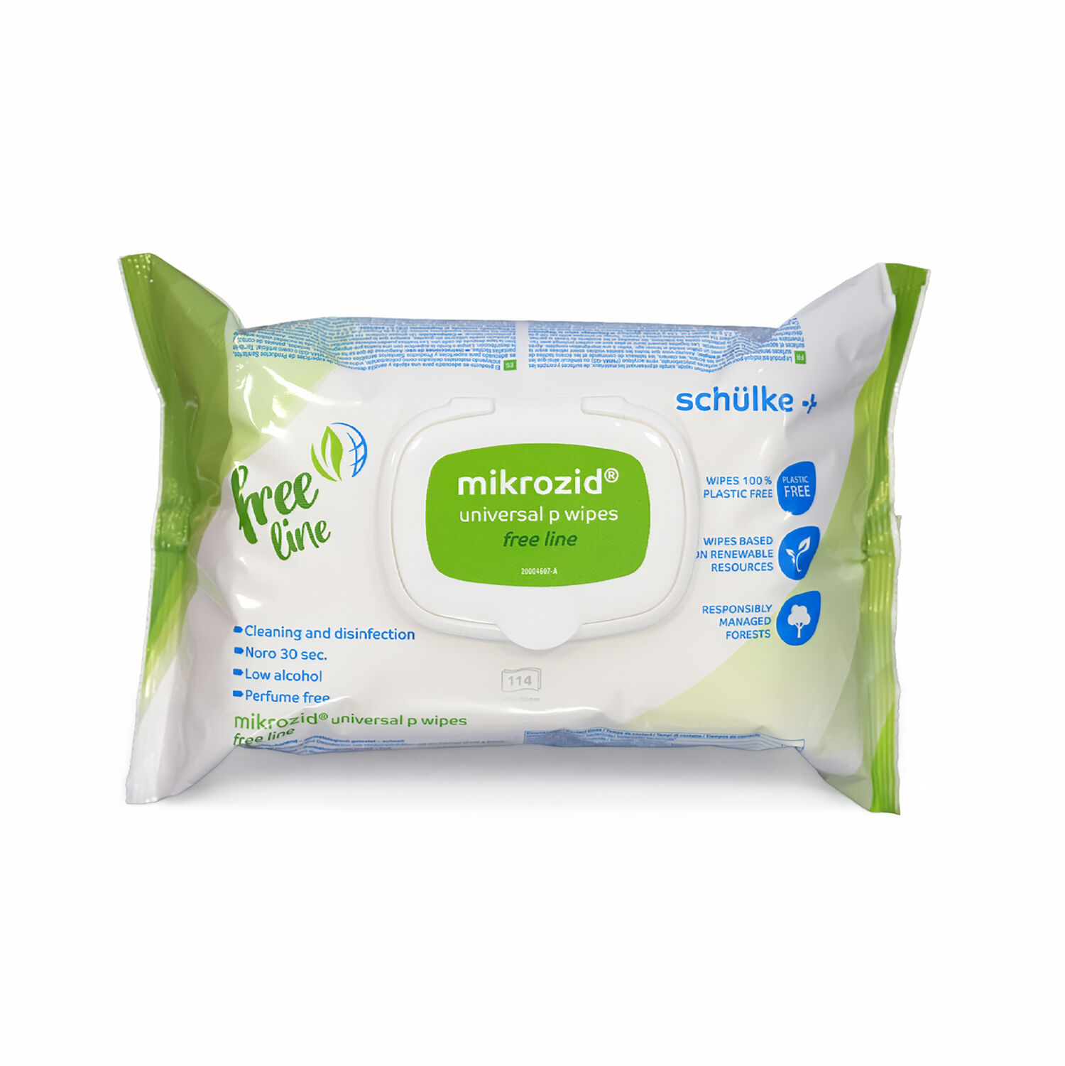 Packung Mikrozid Wipes Free Line auf weißem Hintergrund