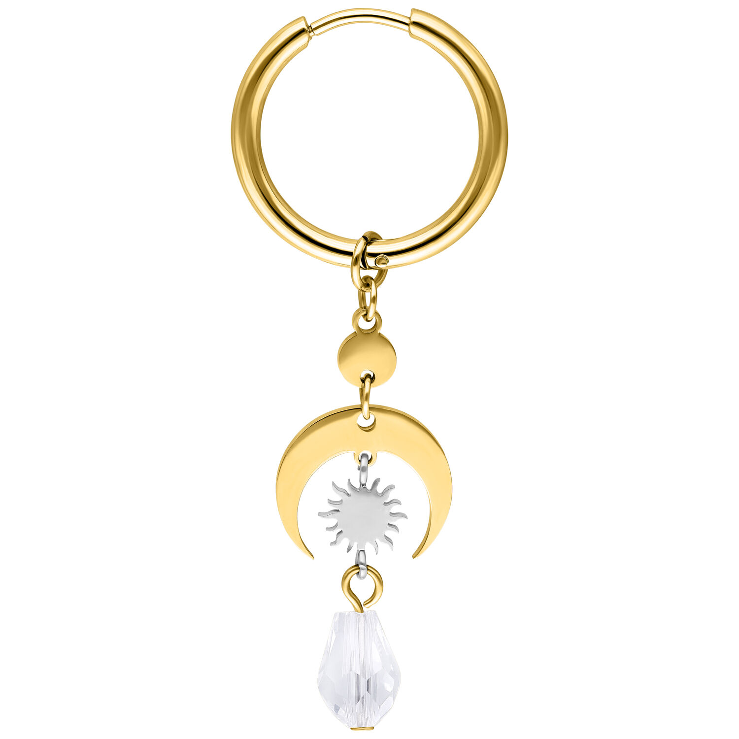 Goldene Ohrringe mit halbmondförmigem Anhänger, Sonne und Kristall auf weißem Hintergrund
