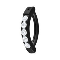 Musta titaani napakoru clicker, jossa viisi kirkasta kristallia valkoisella taustalla