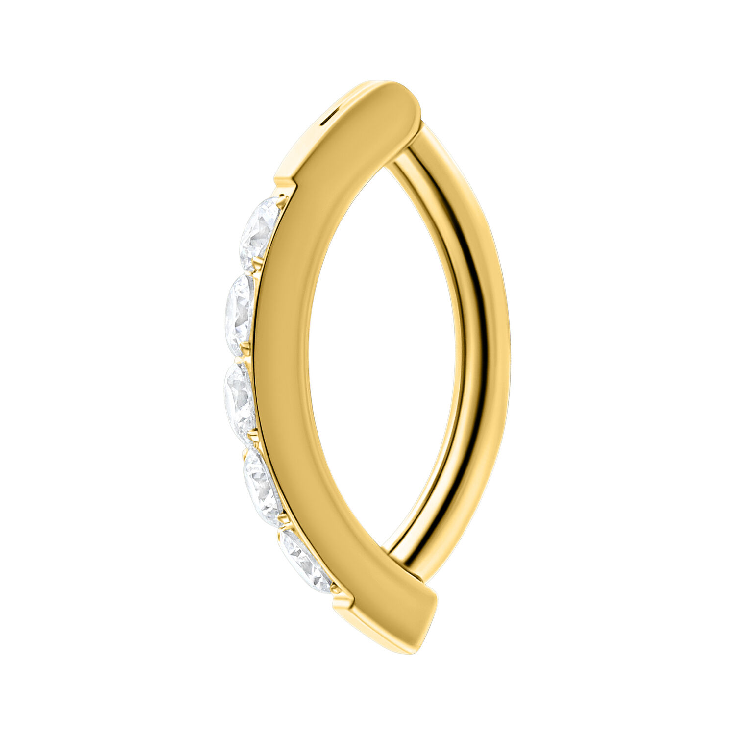 Kultainen napakoru Clicker kirkkailla kristalleilla valkoisella taustalla