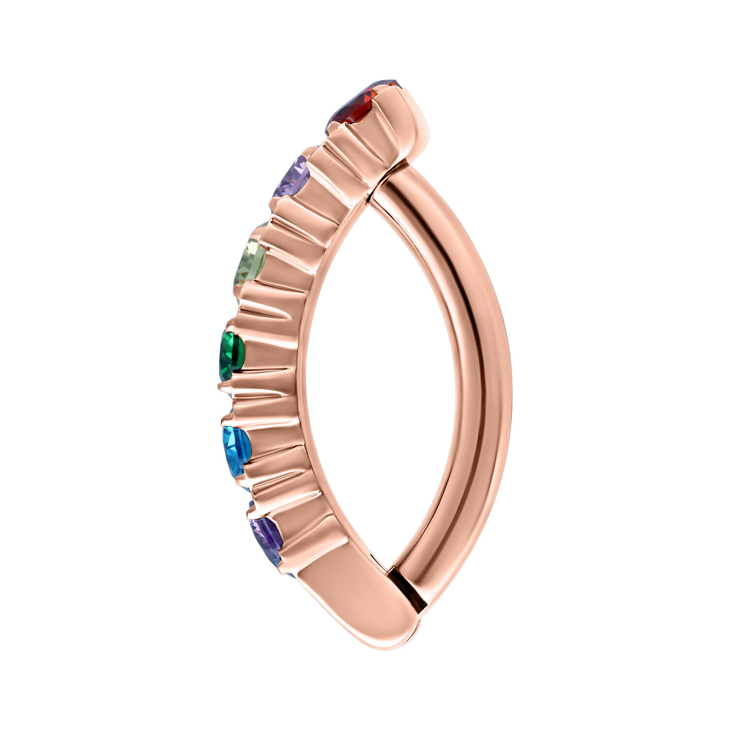 Ruusu-kultainen napakoru värikkäillä kristalleilla valkoisella taustalla