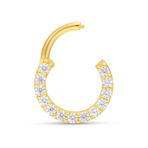 Kultainen septumrengas kirkkailla kristalleilla, 1,2 mm paksuus, 8,0 mm sisähalkaisija valkoisella taustalla