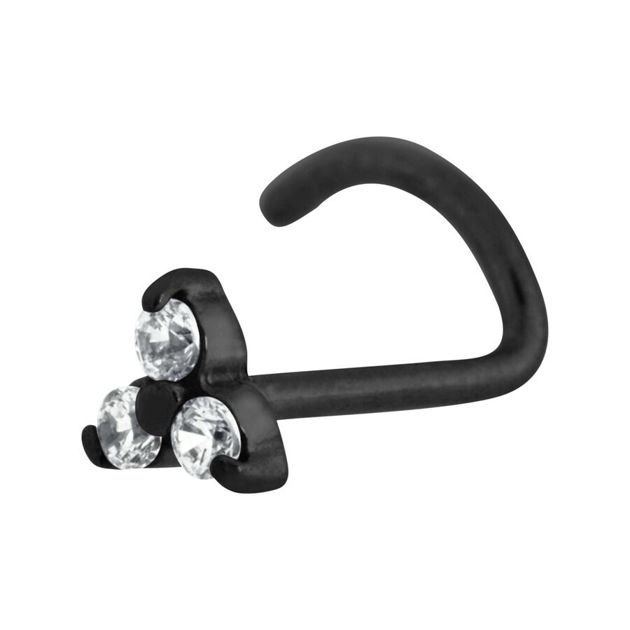 Trinity nenäkoru musta kristalleilla Musta Trinity nenäkoru kirurginteräksestä, jossa kolme kristallinkirkasta kiveä