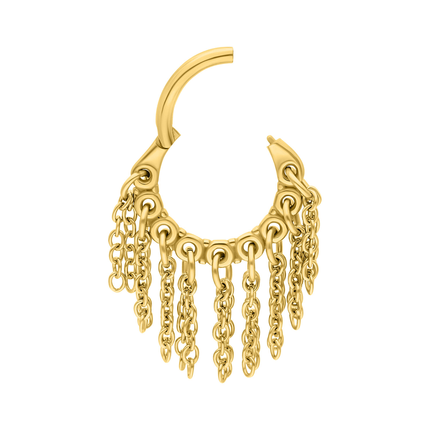 Kultainen Little Chains Clicker -lävistys Kultainen lävistys ketjukoristeilla valkoisella taustalla