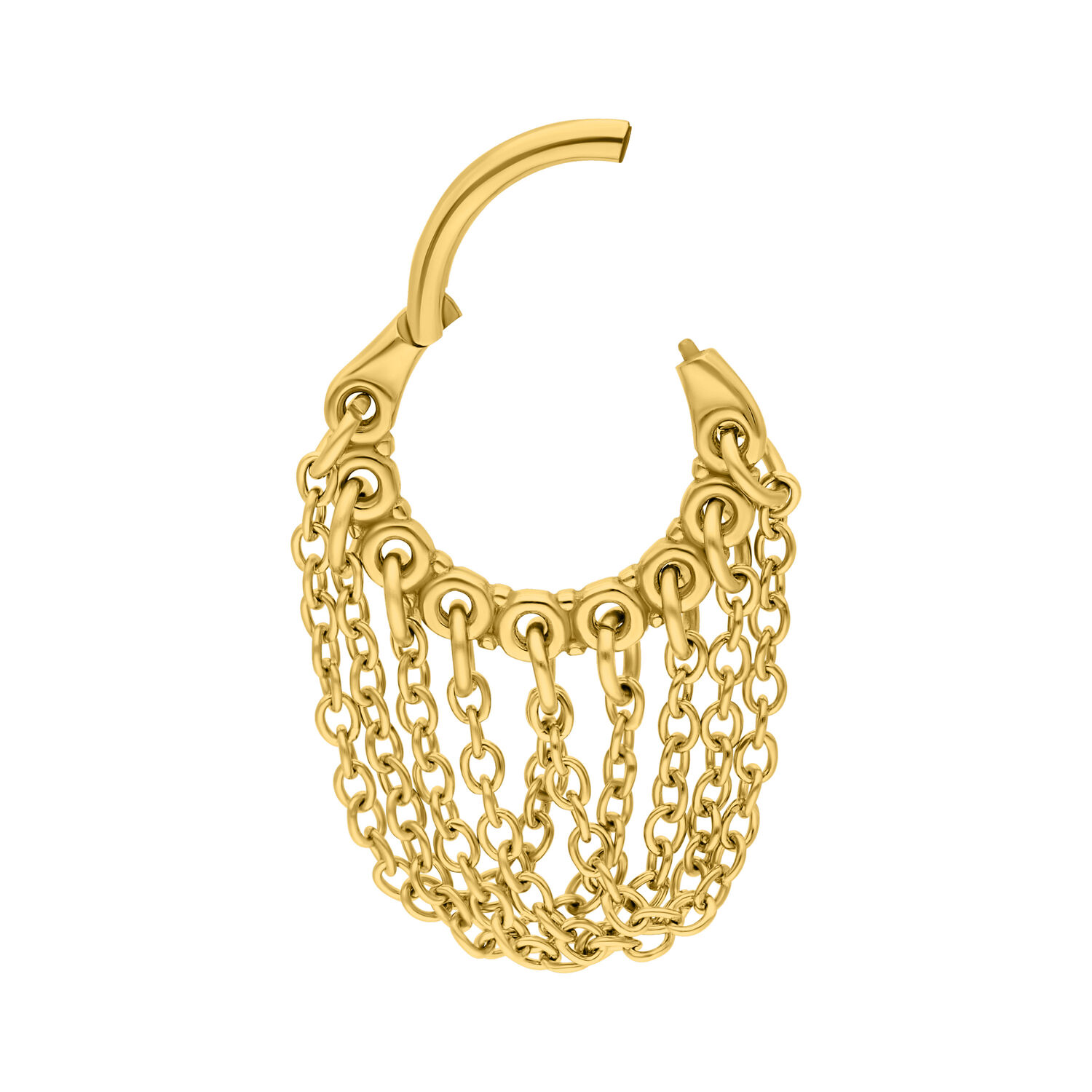 Kultainen lävistysrengas ketjuriipuksilla valkoisella taustalla