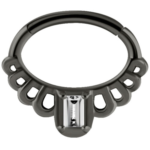 Schwarzer Hinged Princess Clicker aus Chirurgenstahl mit kristallklarem Stein auf weißem Hintergrund