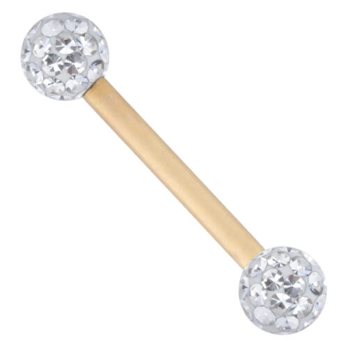 Goldenes Titan-Piercing mit zwei kristallklaren Kugeln auf weißem Hintergrund