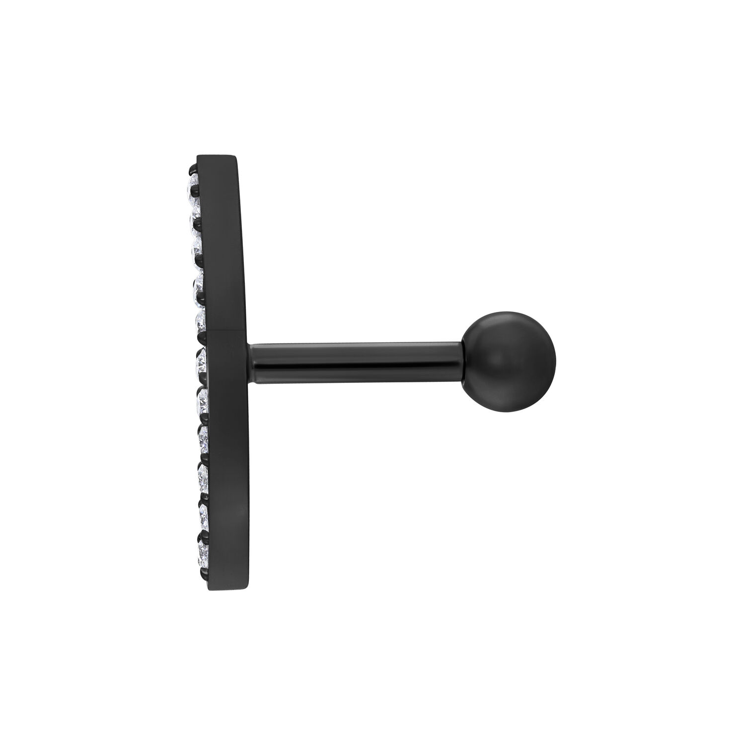 Musta titaani korva barbell kirkkaalla kristallirusetilla valkoisella taustalla