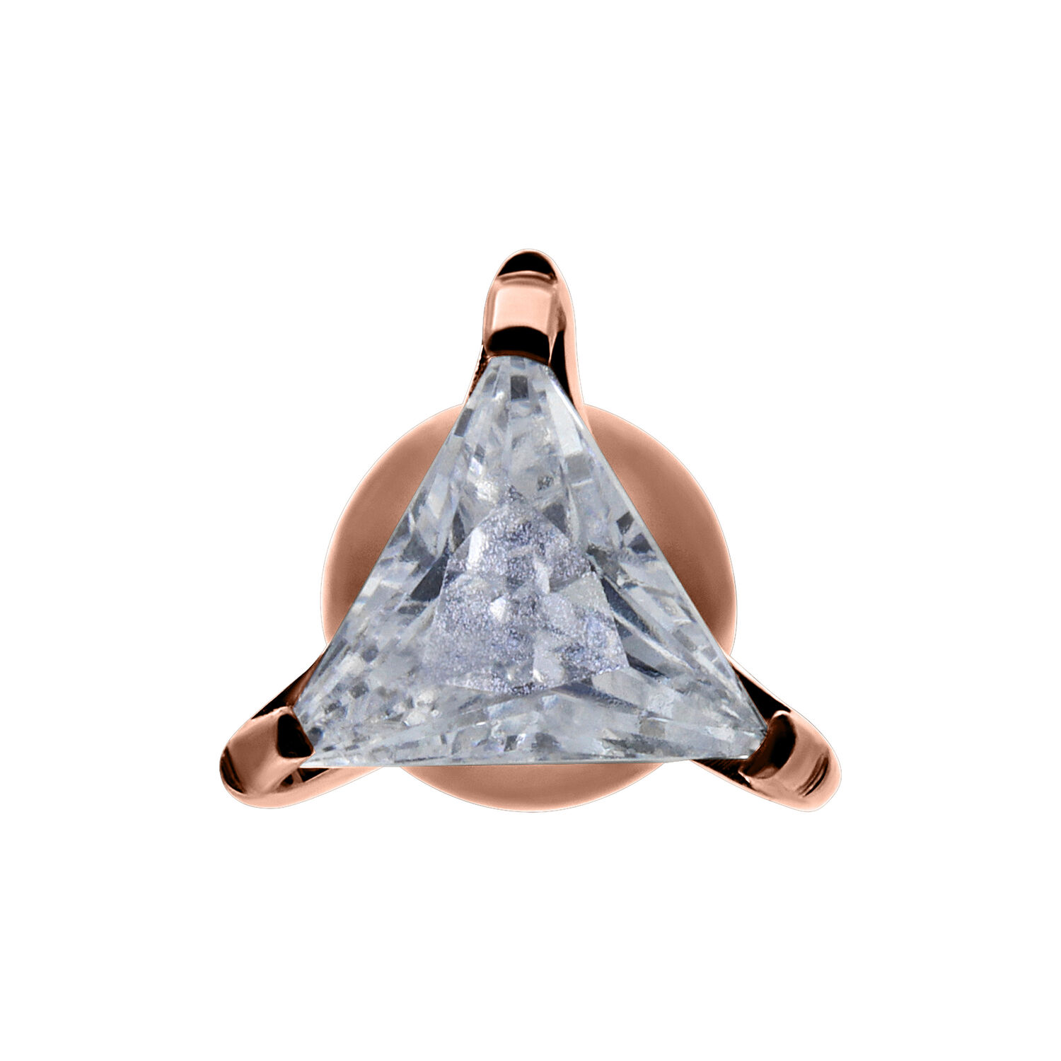 Korva barbell, jossa kolmionmuotoinen kristalli rosékultaisena valkoisella taustalla