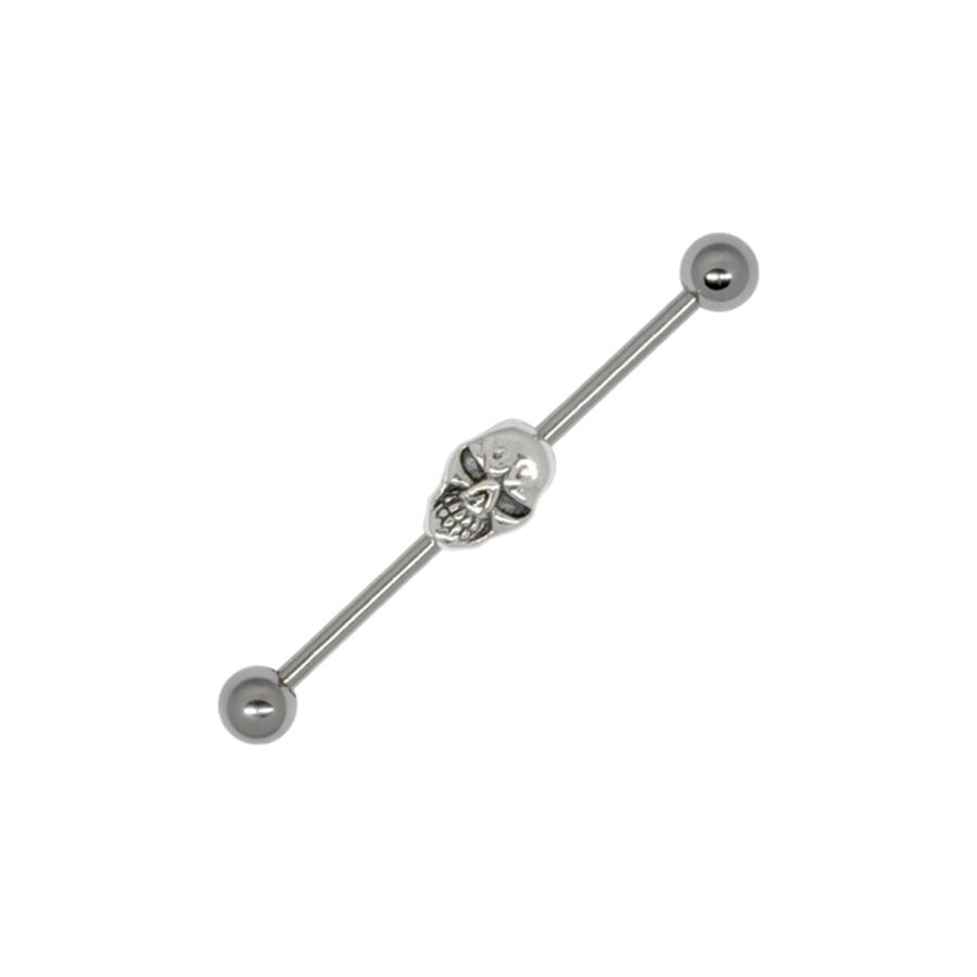 Hopeinen Skull Industrial Korvakoru Barbell Hopeinen kirurginteräksinen korvakoru barbell pääkallokuvioinnilla valkoisella taustalla