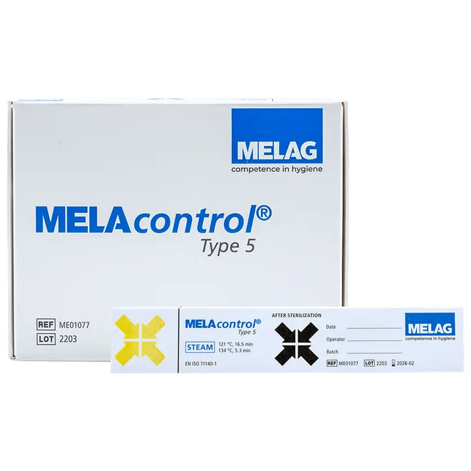 MELAcontrol Typ 5 Indikator Packung und Teststreifen auf weißem Hintergrund