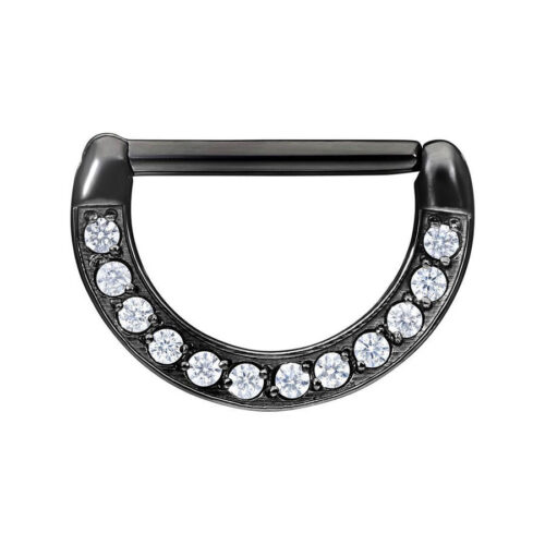 Musta nännikoru kirurginteräksestä kirkkailla kristalleilla valkoisella taustalla