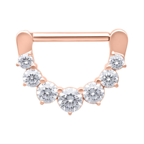 Ruusuinen nännikoru clicker kuudella kirkkaalla kristallilla valkoisella taustalla