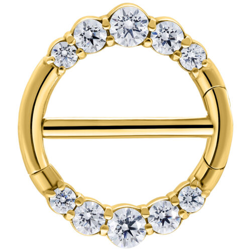 Goldener Nippel Clicker mit klaren Kristallen auf weißem Hintergrund