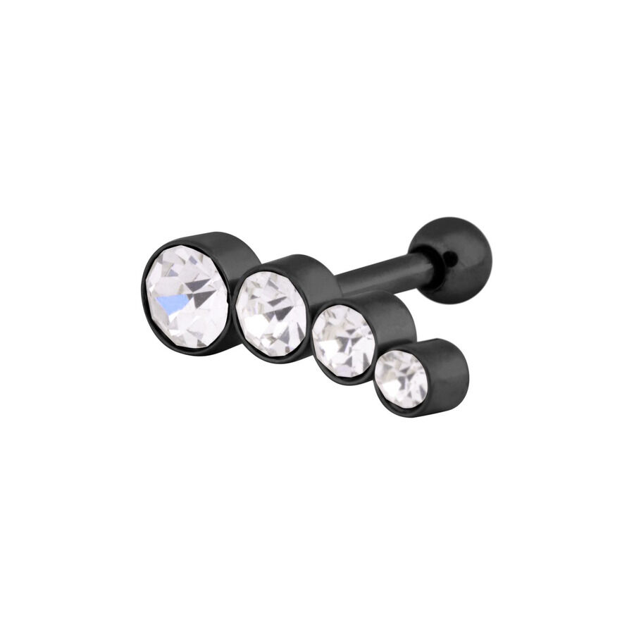 Musta barbell-lävistys neljällä pyöreällä, kristallinkirkkaalla kivellä valkoisella taustalla