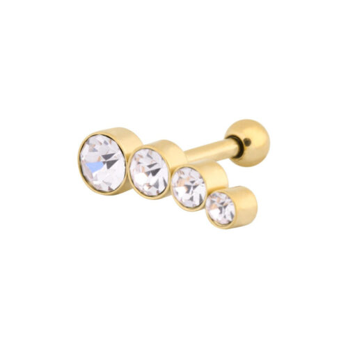 Kultainen korva Barbell neljällä pyöreällä, kristallinkirkkaalla kristallilla valkoisella taustalla