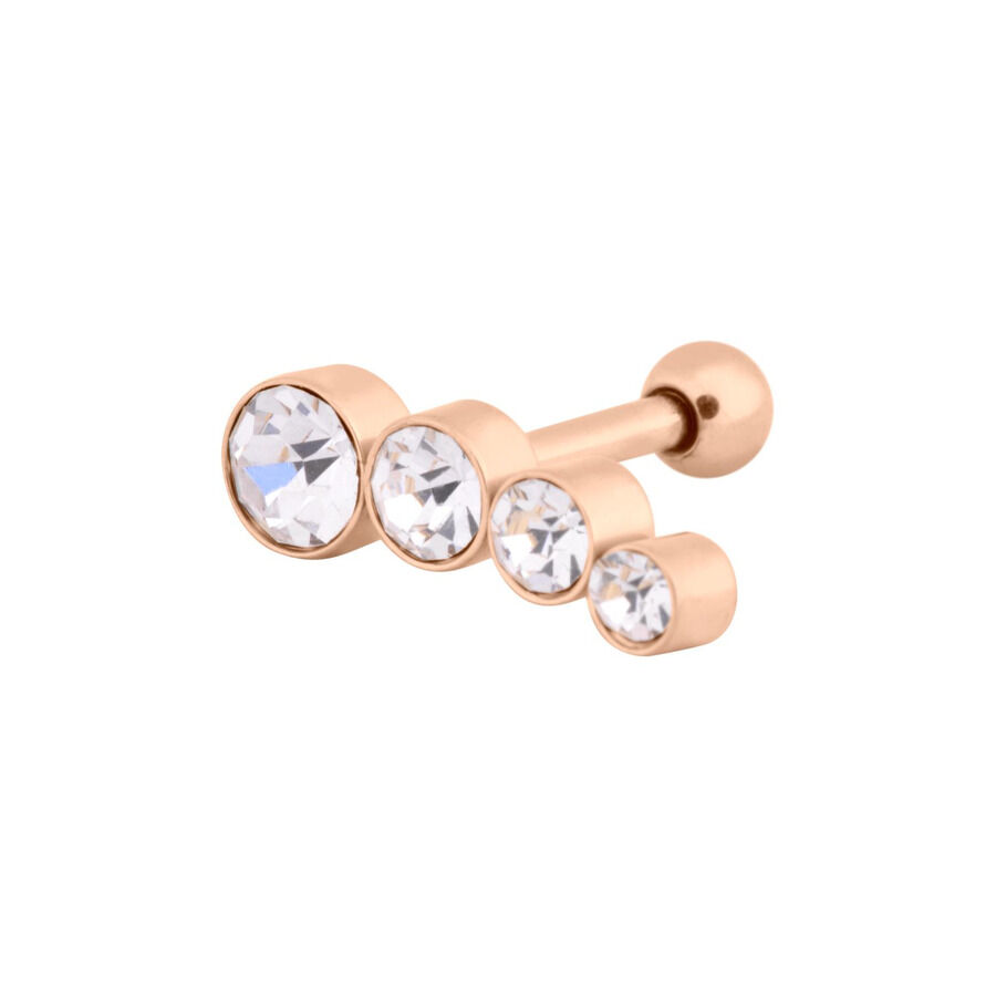 Korva Barbell neljällä kristallinkirkkaalla pyöreällä kivellä, ruusukulta, studiotausta